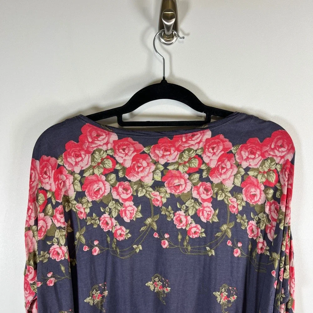 Free People Rose Floral Print Long Sleeve Top Charcoal Gray Pink‎ Medium boho